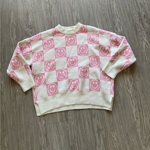 Jessica Simpson pink white checkered smiley face emoji pattern knit sweater sz L